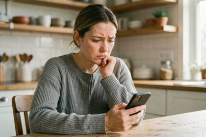 Femme inquiète regardant son smartphone après un achat sur Le Bon Coin avec paiement sécurisé