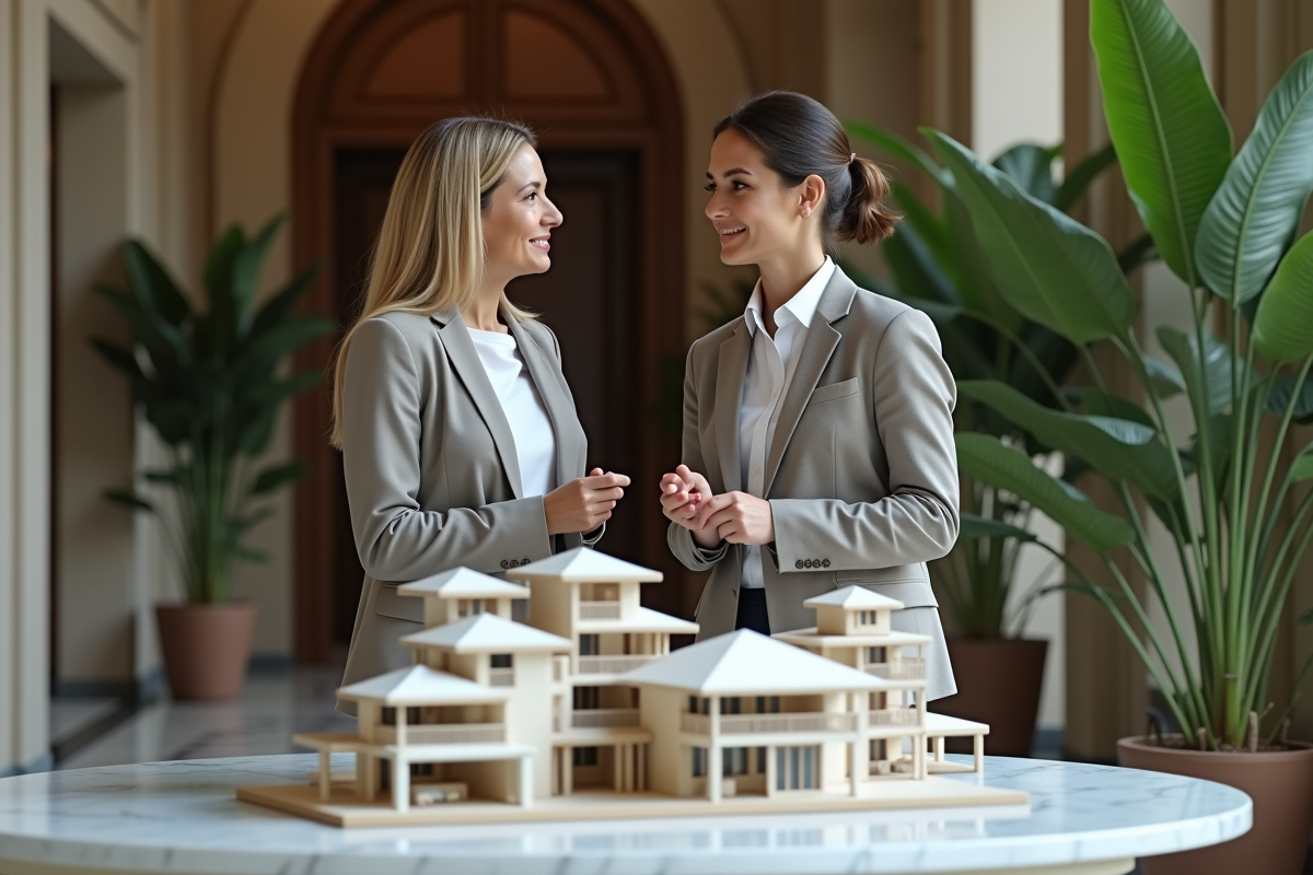 Femme professionnelle discutant immobilier avec collègue