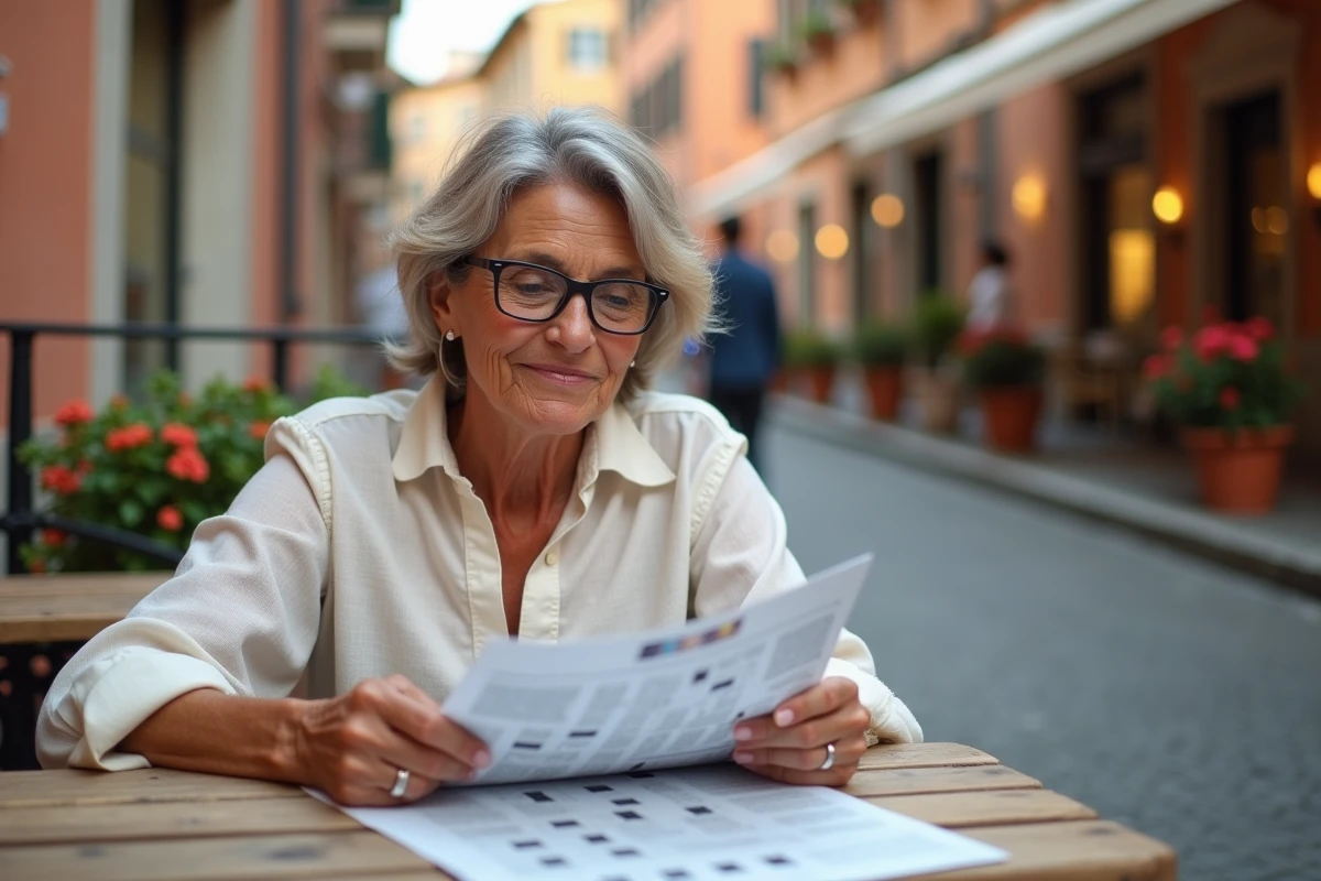 Femme italienne d'une cinquantaine d'années résolvant des mots croisés dans un journal sur une terrasse romaine avec façades en terracotta en arrière-plan