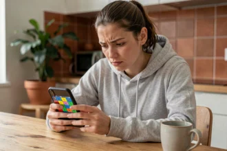 Jeune femme jouant à 4 Images 1 Mot sur smartphone Android dans une cuisine moderne