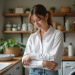 Femme examinant l'étiquette d'un vêtement en coton dans une buanderie écologique