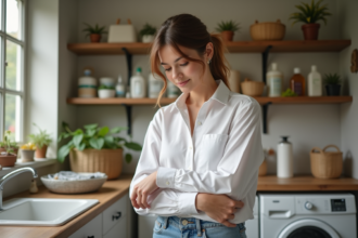 Femme examinant l'étiquette d'un vêtement en coton dans une buanderie écologique