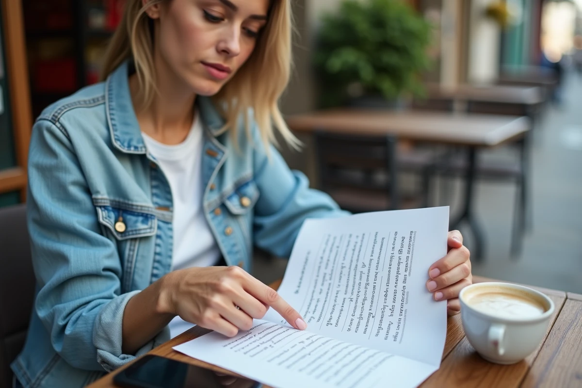 Femme lisant paroles de chansons à un café en extérieur