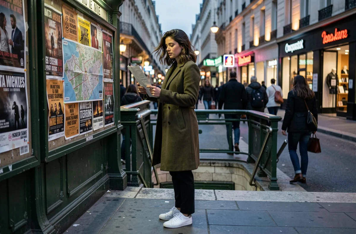 Jeune femme parisienne consultant un panneau d'affichage de sorties nocturnes à la sortie d'une station de métro à Paris