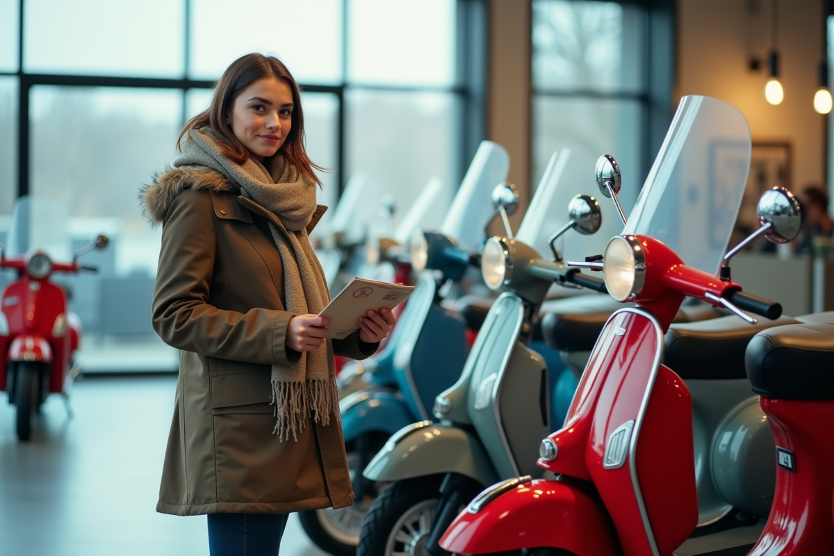 Jeune femme regarde une collection de motos 50cc en intérieur
