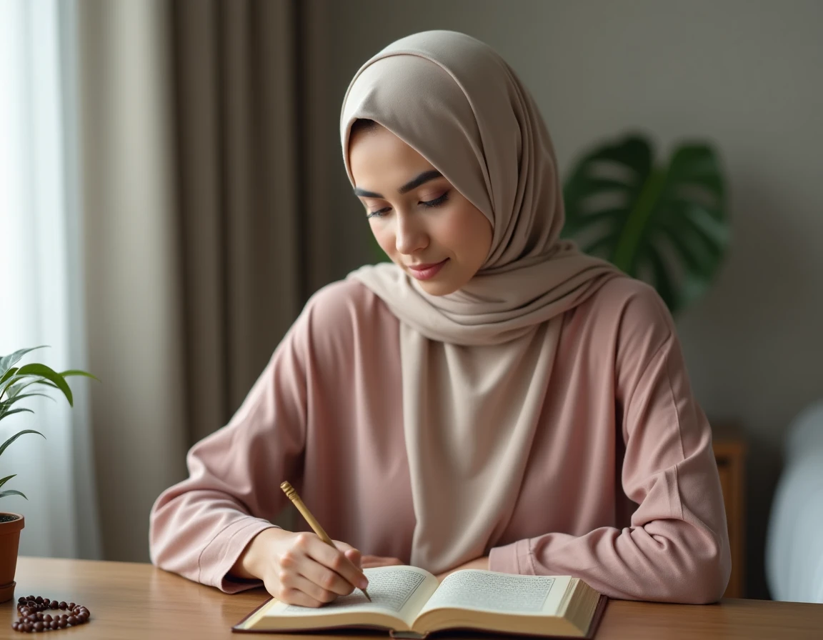 Jeune femme musulmane voilée lisant le Coran pour réciter le duaa Istikhara dans sa chambre