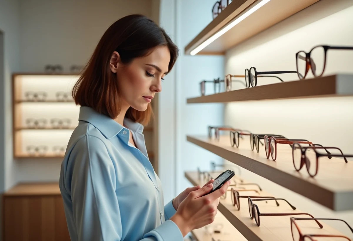 Femme examinant des lunettes dans une boutique optique