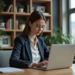 Jeune femme concentrée sur un ordinateur avec graphique crypto