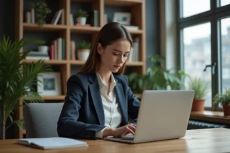 Jeune femme concentrée sur un ordinateur avec graphique crypto