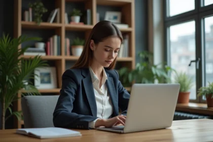 Jeune femme concentrée sur un ordinateur avec graphique crypto