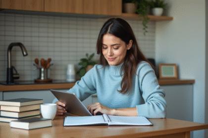 Jeune femme organisée avec planner et tablette dans la cuisine