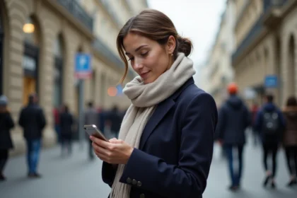 Femme regardant une photo sur son téléphone dans Paris