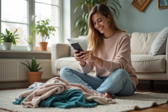 Femme souriante prenant en photo des vêtements d'occasion dans son salon