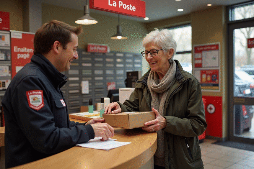 Femme déposant un colis à La Poste dans un bureau