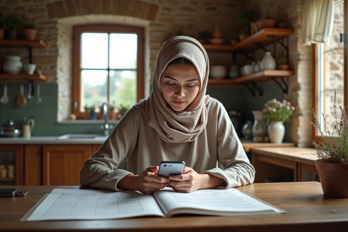 Jeune femme priant à la maison dans une cuisine rustique
