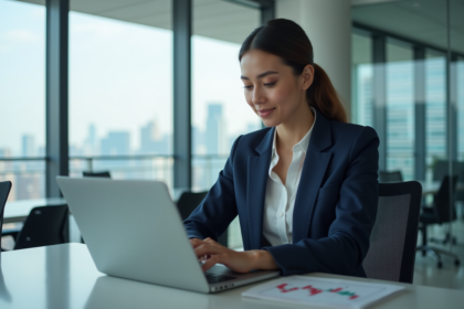 Femme d'affaires en costume bleu analysant des données financières