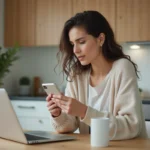 Femme assise à la maison utilisant son smartphone et ordinateur