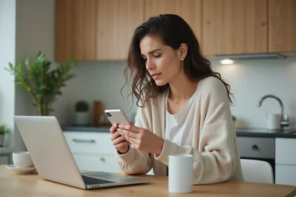 Femme assise à la maison utilisant son smartphone et ordinateur