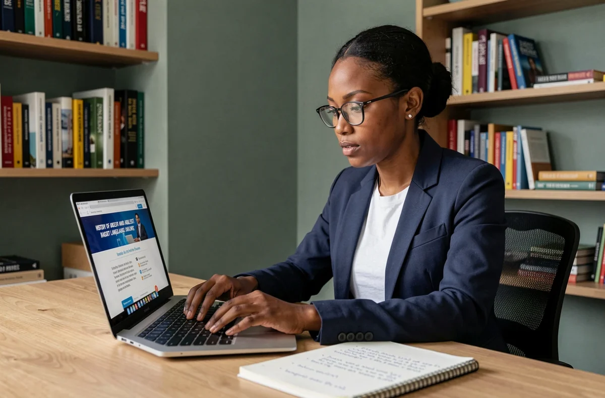 Femme noire professionnelle lisant des recherches sur l'origine raciste et capacitiste des mèmes toxiques sur internet depuis son bureau à domicile
