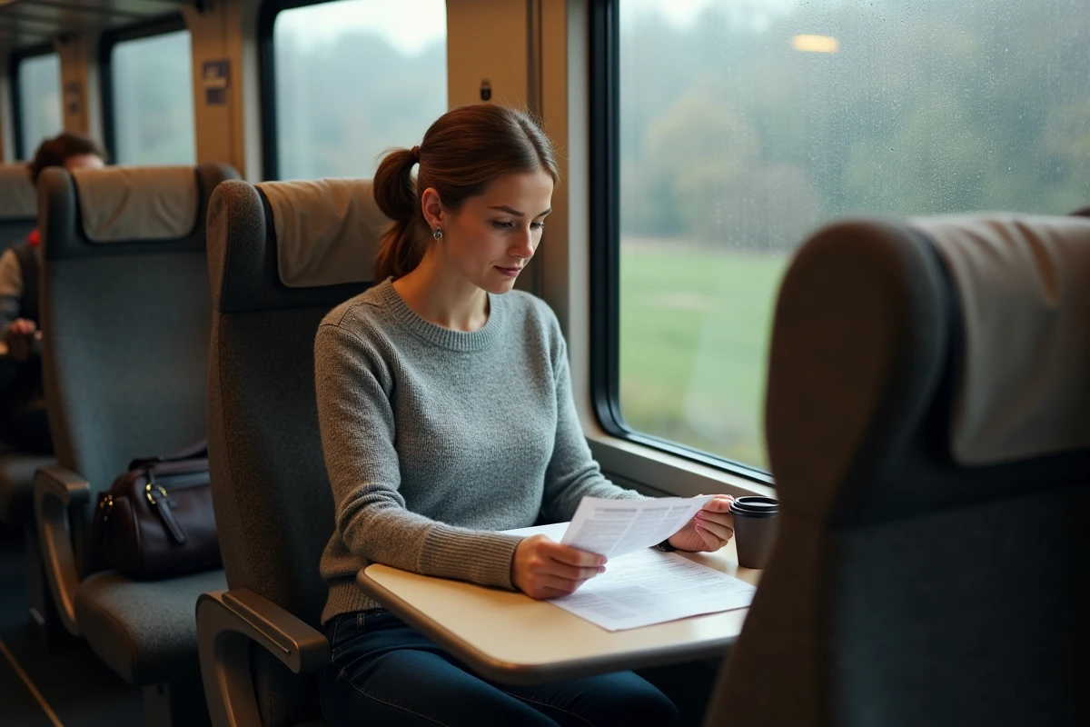 Femme lisant un dépliant sur la réglementation douanière dans un train transfrontalier vers la Belgique