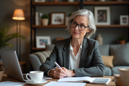 Femme retraitée examine documents à son bureau à domicile