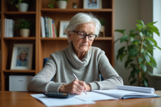 Femme d'âge moyen examinant des documents de retraite à son bureau