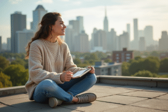 Femme assise sur un toit urbain en pull beige et jeans