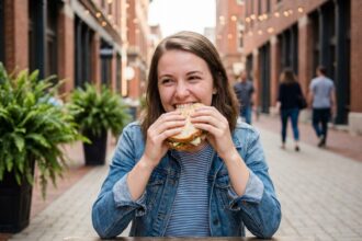 Jeune femme dégustant un sandwich en extérieur à SaintLouis