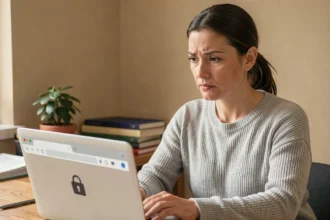 Femme vérifiant la sécurité d'un site web sur son ordinateur portable dans un bureau à domicile