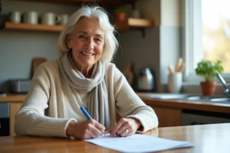 Femme senior souriante lisant un calendrier dans la cuisine