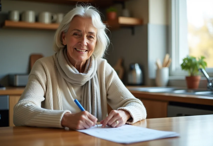 Femme senior souriante lisant un calendrier dans la cuisine