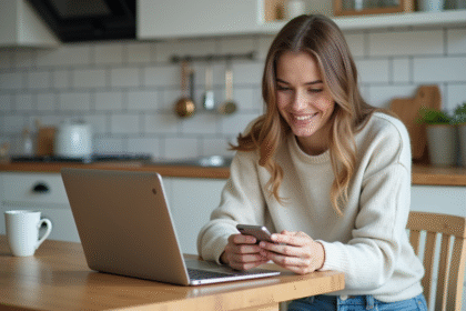 Jeune femme utilisant un smartphone dans la cuisine