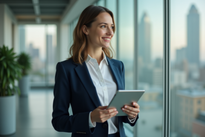 Femme confiante en costume dans un bureau moderne