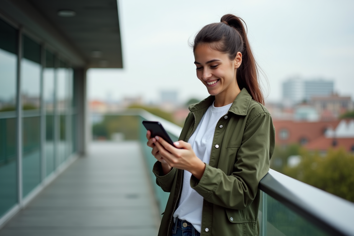 Jeune femme vérifiant résultats de paris sur smartphone en extérieur