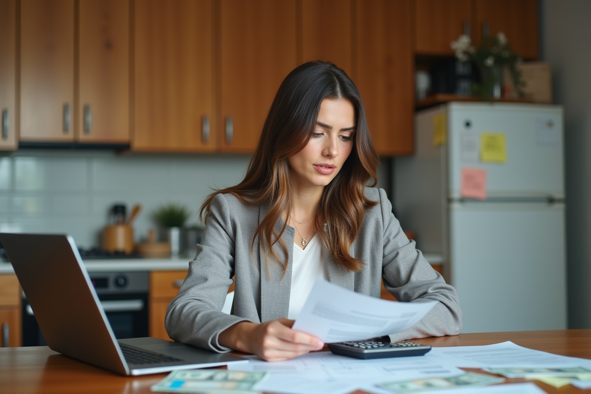 Jeune femme travaillant sur des documents financiers à la maison