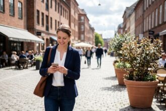 Jeune femme en tenue casual dans une ville animée