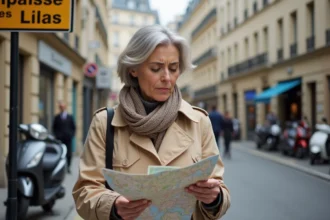 Femme en trench et écharpe consulte une carte à Paris