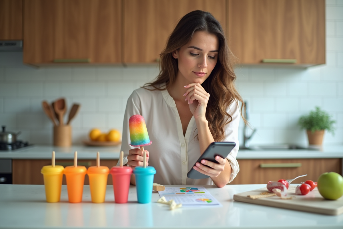Femme regardant un graphique calorique avec une glace dans la cuisine