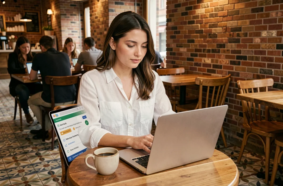 Jeune femme consultant une liste de vérification de sécurité en ligne dans un café urbain