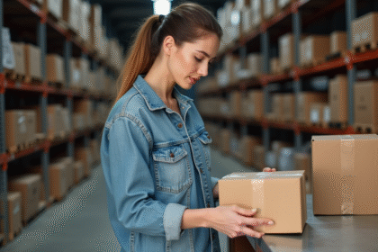 Femme inspectant un colis dans un entrepôt industriel