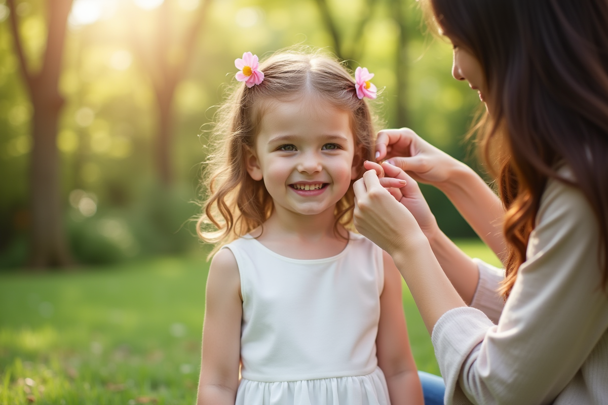 Petite fille en robe blanche avec accessoires floraux dans un jardin ensoleille