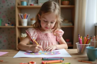 Petite fille coloriant un masque de carnaval princesse à la maison avec des crayons de couleur