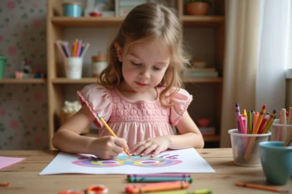 Petite fille coloriant un masque de carnaval princesse à la maison avec des crayons de couleur