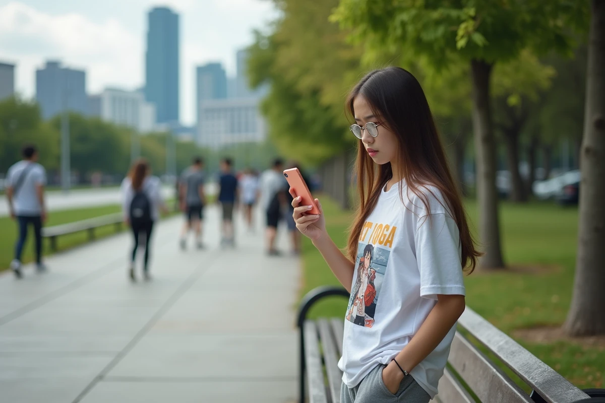 Fille adolescente dans un parc urbain avec smartphone