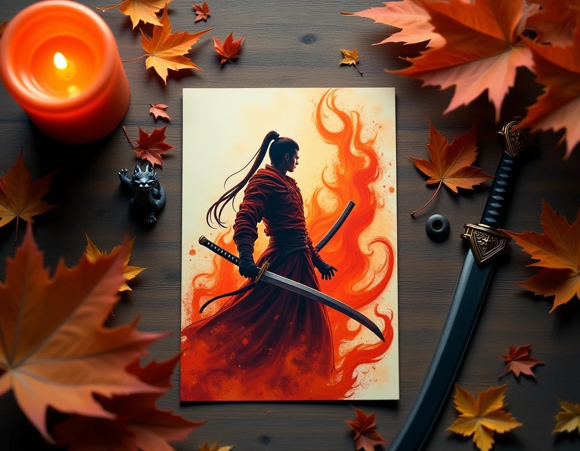 Flat lay décoratif avec impression artistique du pilier de la flamme Rengoku entourée de feuilles d'automne et d'accessoires japonais