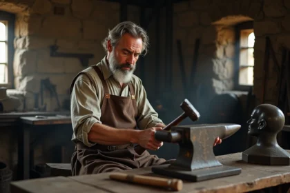 Forgeron au travail dans une forge ancienne avec sculpture en métal