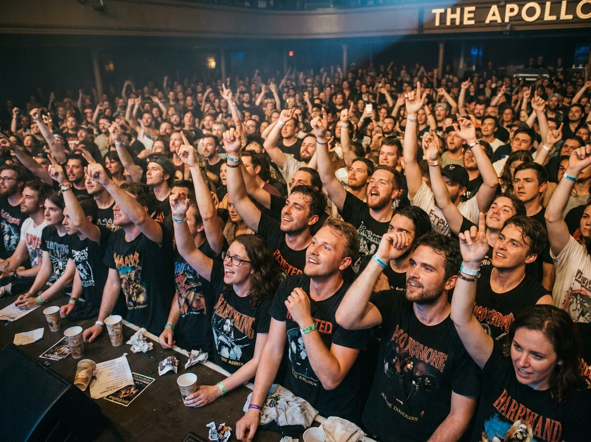 Foule de fans en extase les bras levés lors d'un concert de rock légendaire en salle