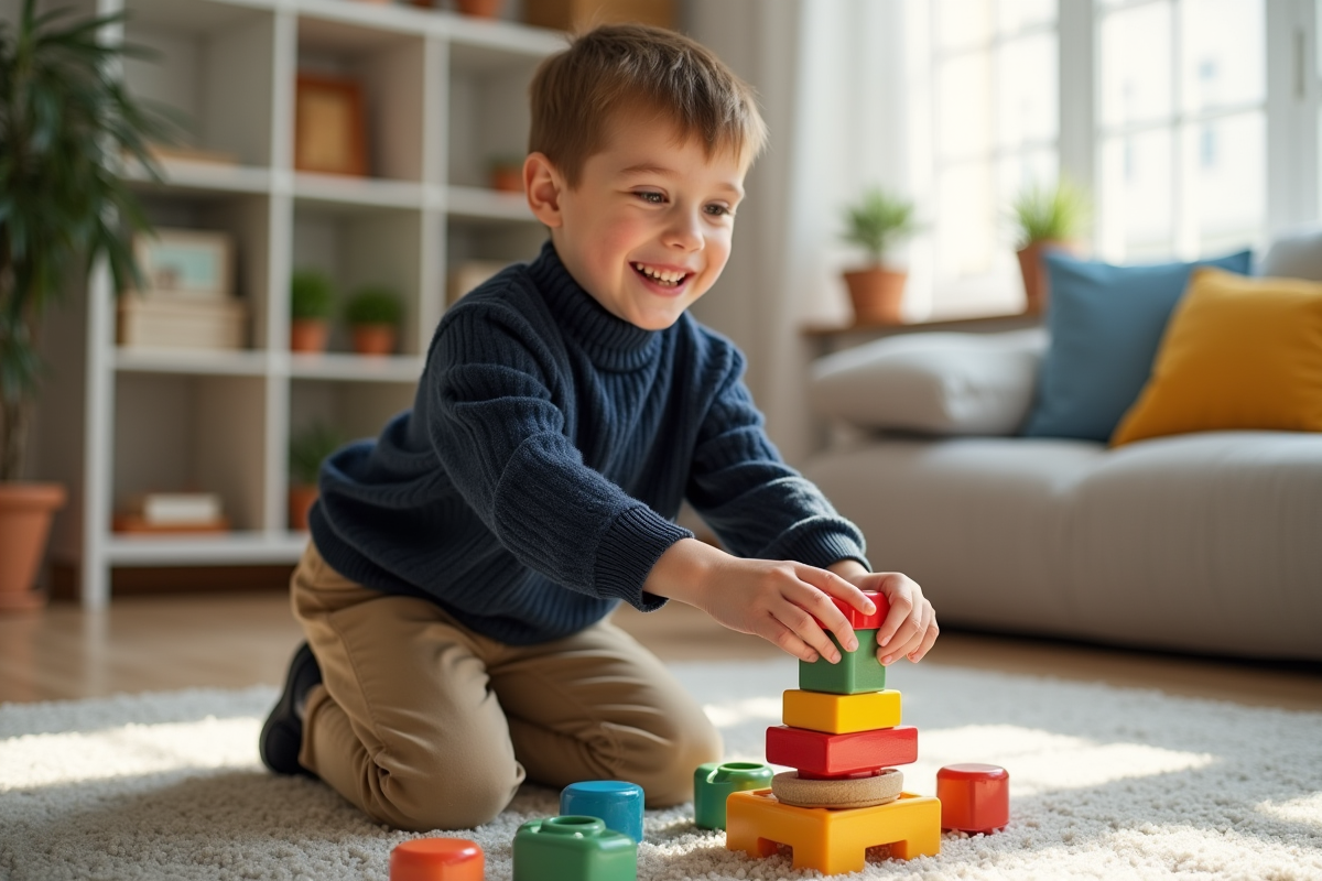 Jeune garçon construisant une tour de blocs éducatifs à la maison