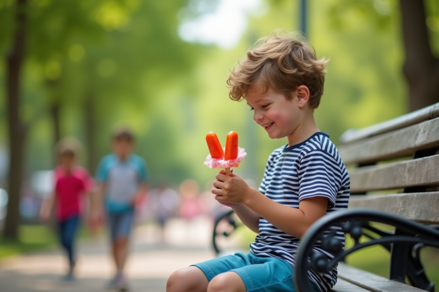 Garçon souriant de 9 ans dégustant une glace colorée dans un parc