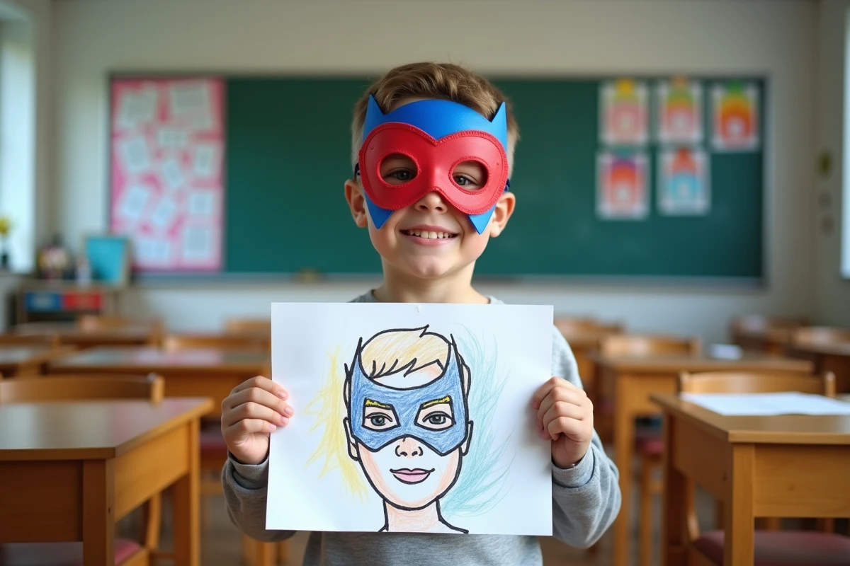 Garçon tenant un masque de super-héros colorié dans une salle de classe lors d'un atelier carnaval